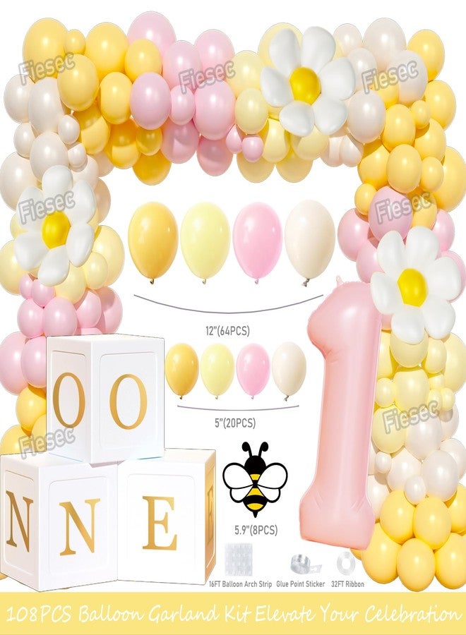 Fiesec First Bee Day Decorations Girl - 108PCs Honey Bee Themed 1st Birthday Party Supplies with So Sweet to Bee One Backdrop, Banner, Pink Yellow Balloon Garland Kit, Tablecloth - Image 3
